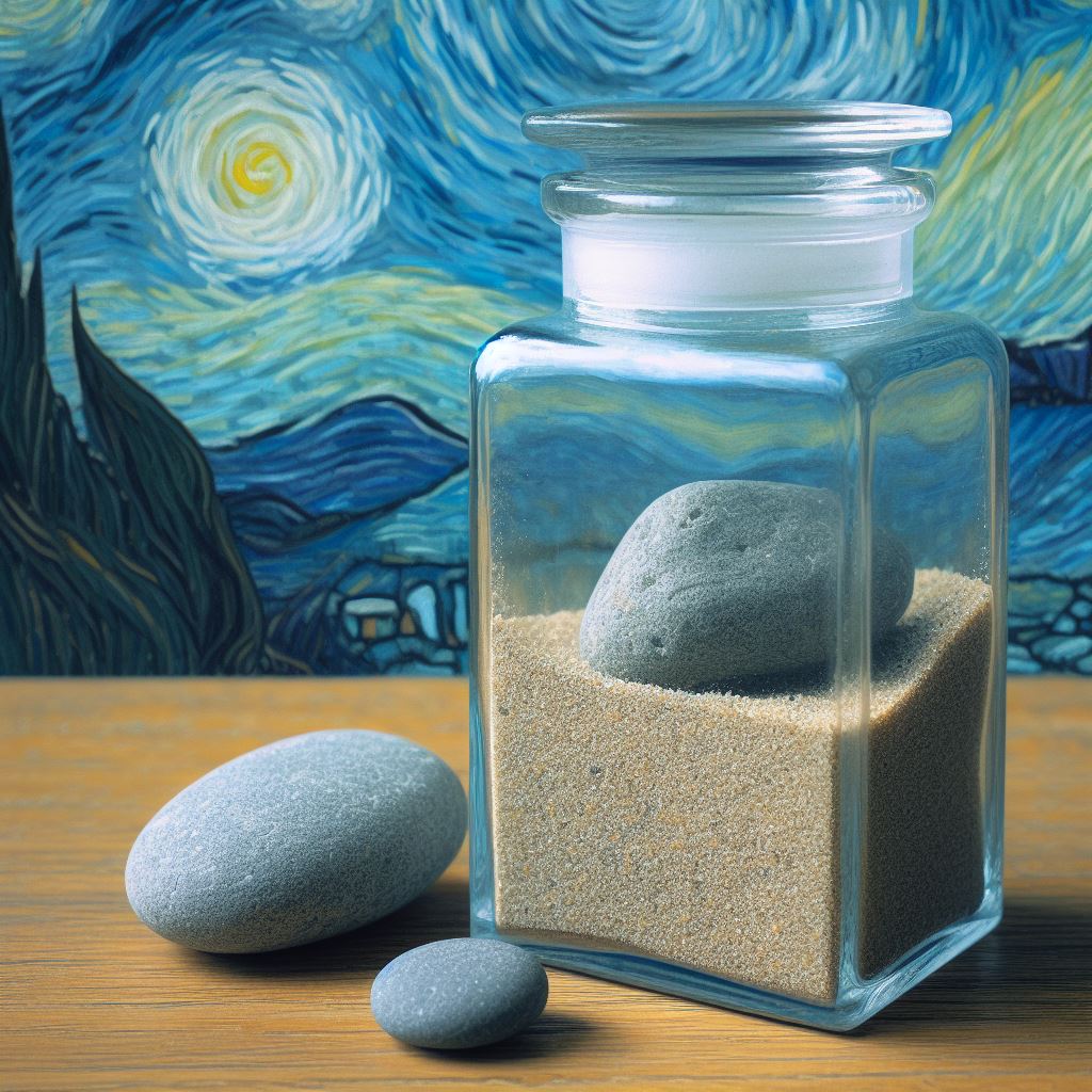 Fig.1  L’innovazione sottile è la sabbia che rende stabili i grandi sassi delle sperimentazioni strutturali.  Immagine realizzata con Bing dal testo “ sabbia e sassi in un contenitore trasparente, stile Van Gogh”